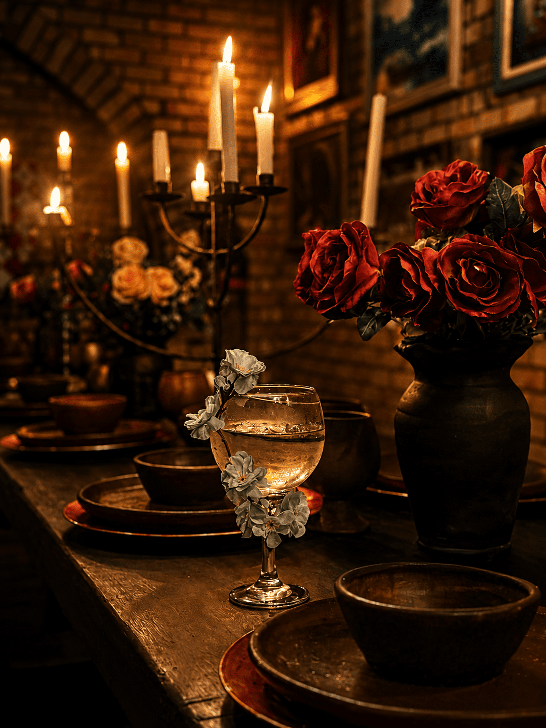 A mesa posta à luz de velas